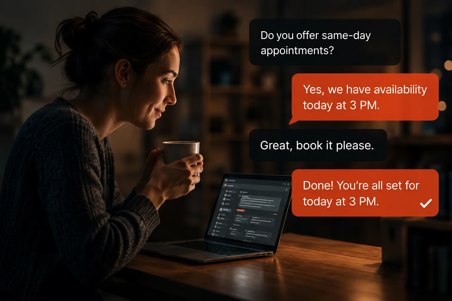 A woman at a laptop watching an AI assistant handle her enquiry: she asks whether same-day appointments are available, the assistant confirms a 3 PM slot, she asks to book it, and the assistant confirms she is all set for 3 PM